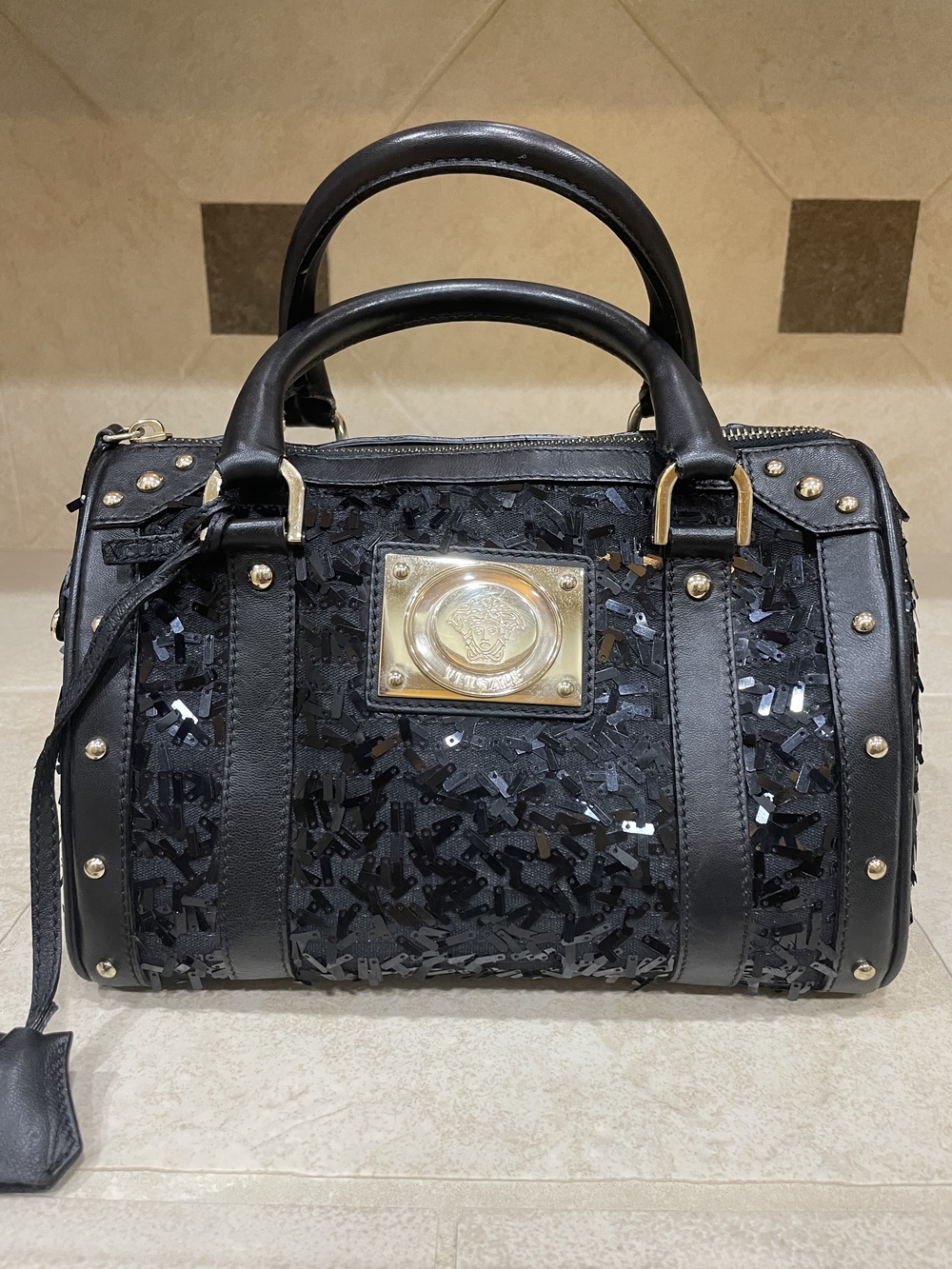 Versace Black Sequin Medusa Satchel Bag